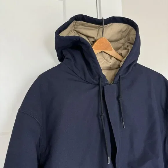 Carhartt FR Flame Resistant Duck Navy Lined Zip Hooded Jacket L Tall Vintage USA